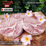 Beef RIBEYE Scotch-Fillet CubeRoll MELTIQUE meltik (wagyu alike) Australia HOKUBEE frozen STEAK 2cm 3/4" (price/pc 350g)